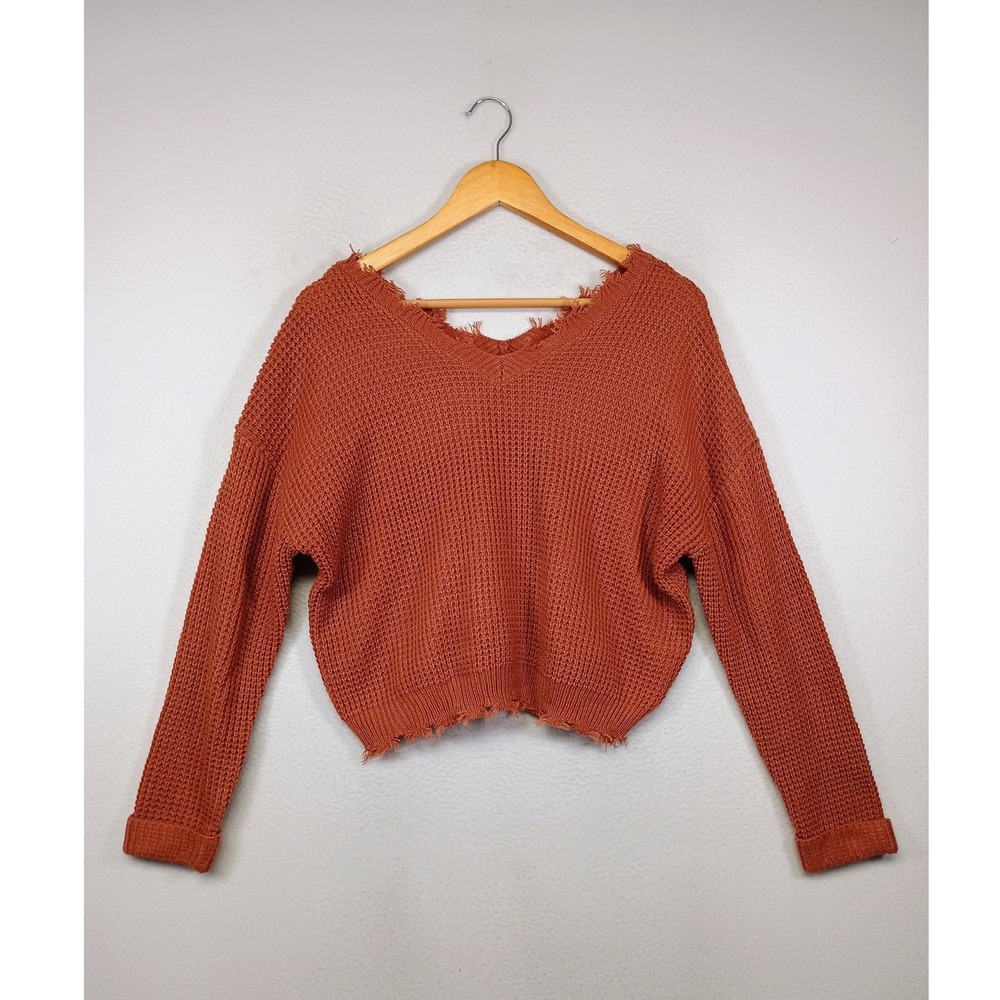 Boho Grunge Moon & Madison Womens Small Orange Distressed Waffle Knit Sweater
